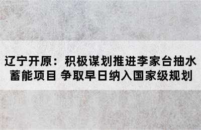 辽宁开原：积极谋划推进李家台抽水蓄能项目 争取早日纳入国家级规划